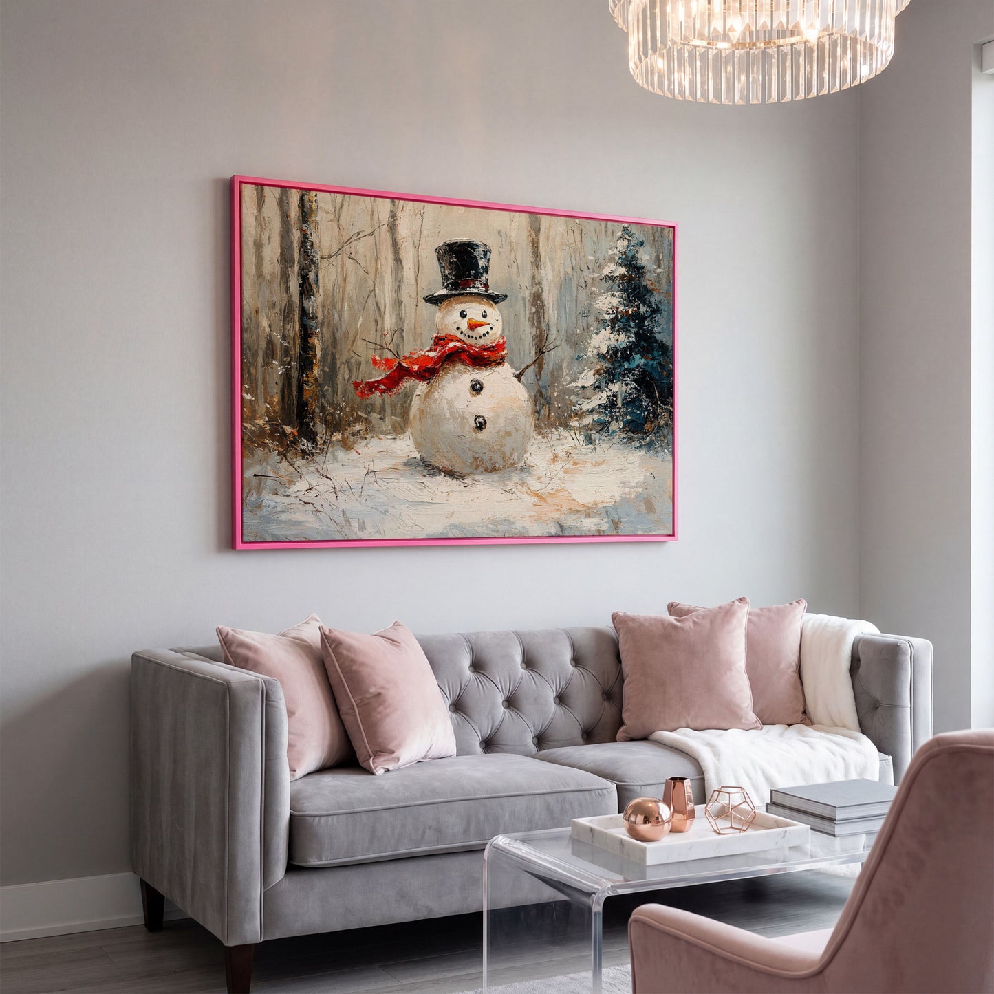 Snowman in Winter Forest Canvas Print in pink floating frame