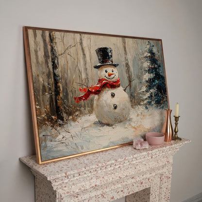 Snowman in Winter Forest Canvas Print in rose gold floating frame