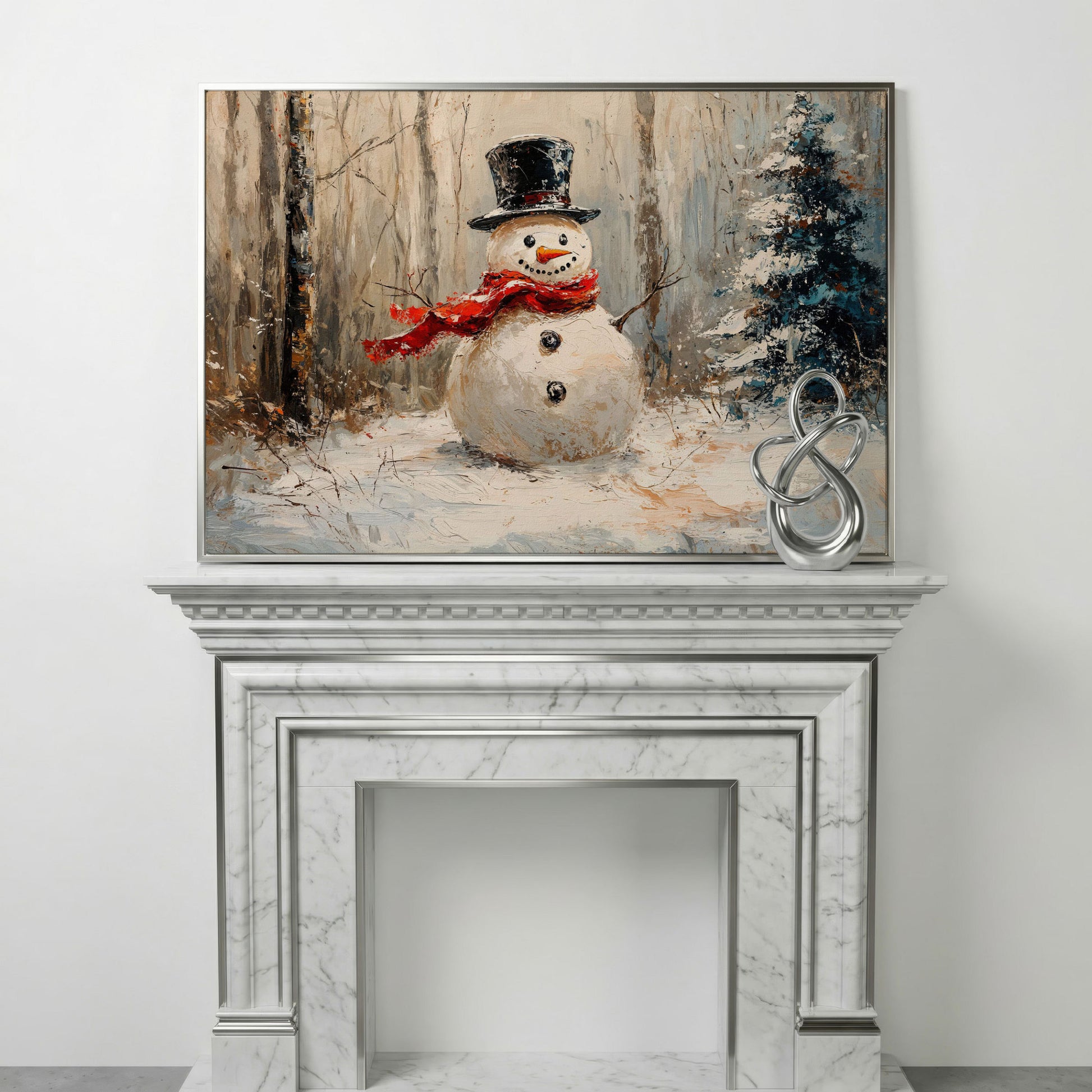 Snowman in Winter Forest Canvas Print in silver floating frame