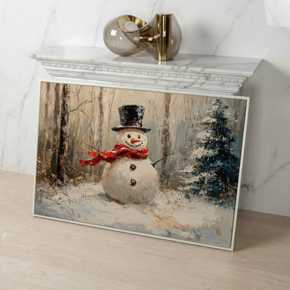 Snowman in Winter Forest Canvas Print in white floating frame