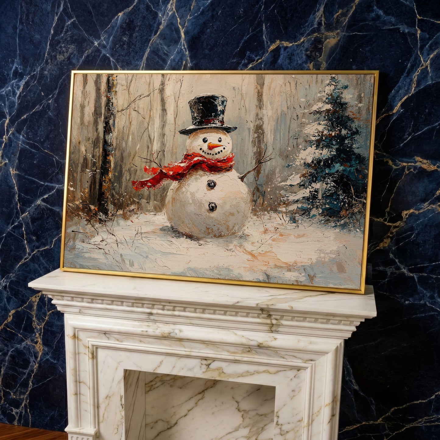 Snowman in Winter Forest Canvas Print in yellow gold floating frame