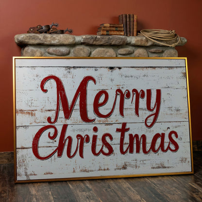 Rustic Merry Christmas Canvas Print in antique gold floating frame