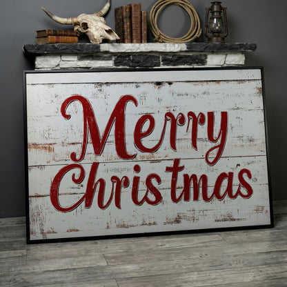 Rustic Merry Christmas Canvas Print in black floating frame