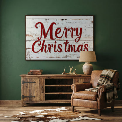 Rustic Merry Christmas Canvas Print in dark walnut floating frame
