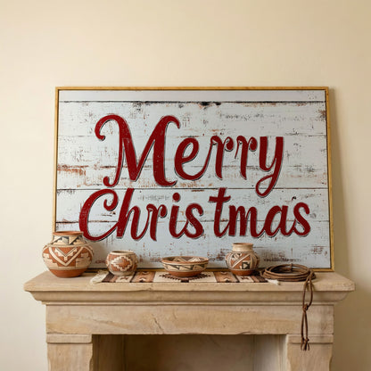 Rustic Merry Christmas Canvas Print in white oak floating frame