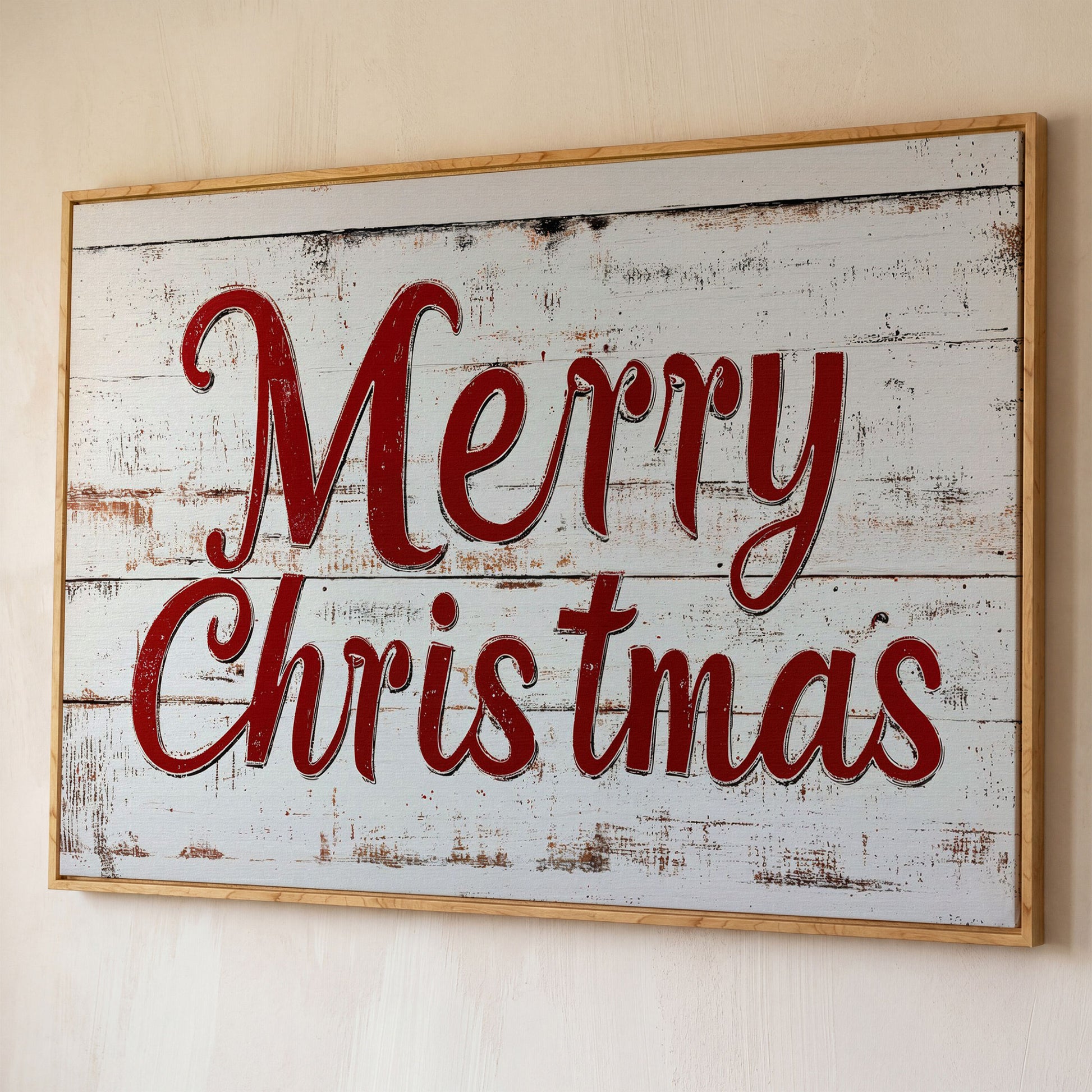 Rustic Merry Christmas Canvas Print shown in white oak floating frame