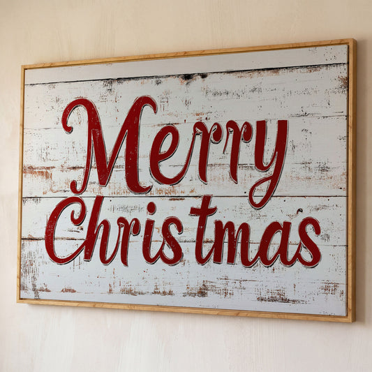 Rustic Merry Christmas Canvas Print shown in white oak floating frame