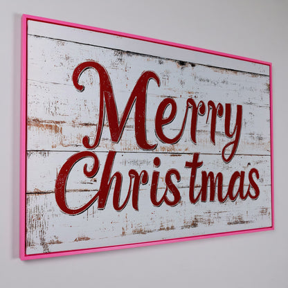 Rustic Merry Christmas Canvas Print in pink floating frame