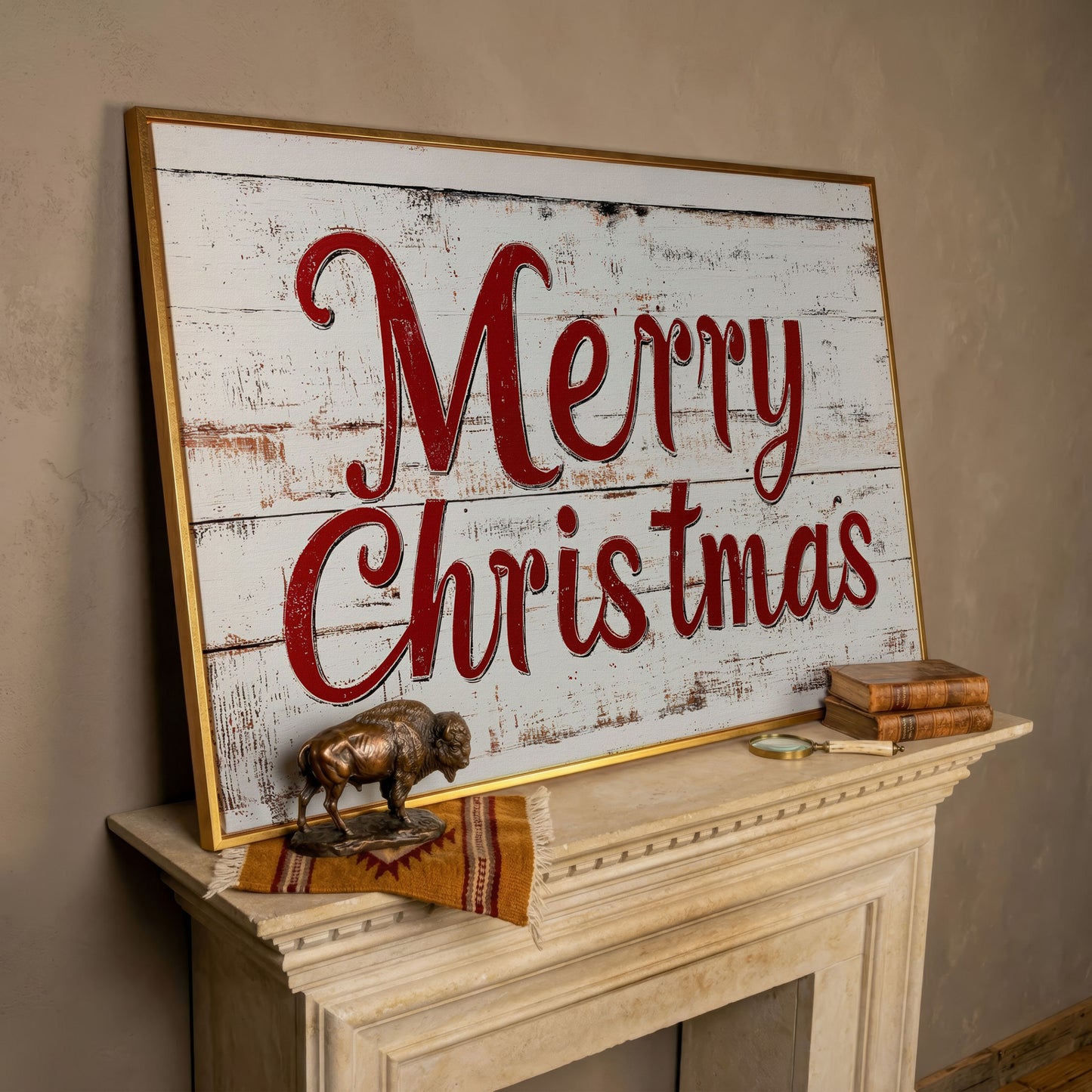 Rustic Merry Christmas Canvas Print in rose gold floating frame
