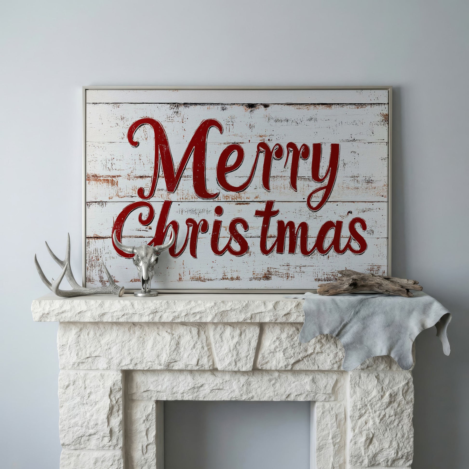 Rustic Merry Christmas Canvas Print in silver floating frame