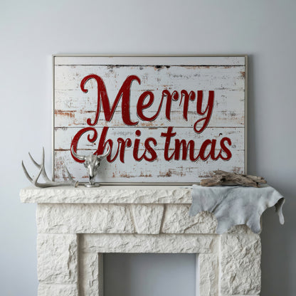 Rustic Merry Christmas Canvas Print in silver floating frame