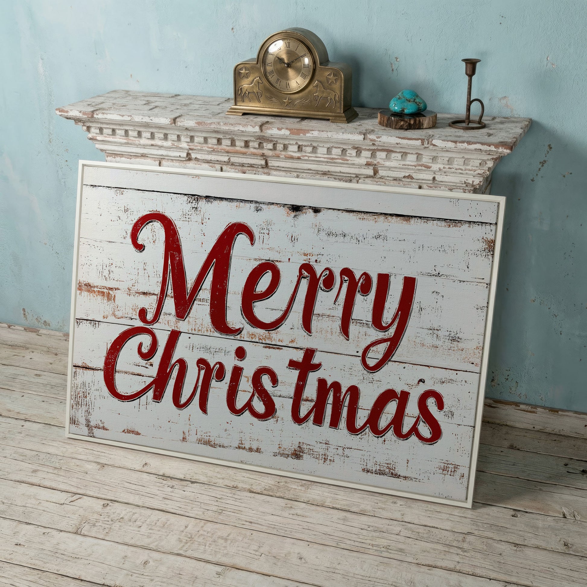 Rustic Merry Christmas Canvas Print in white floating frame