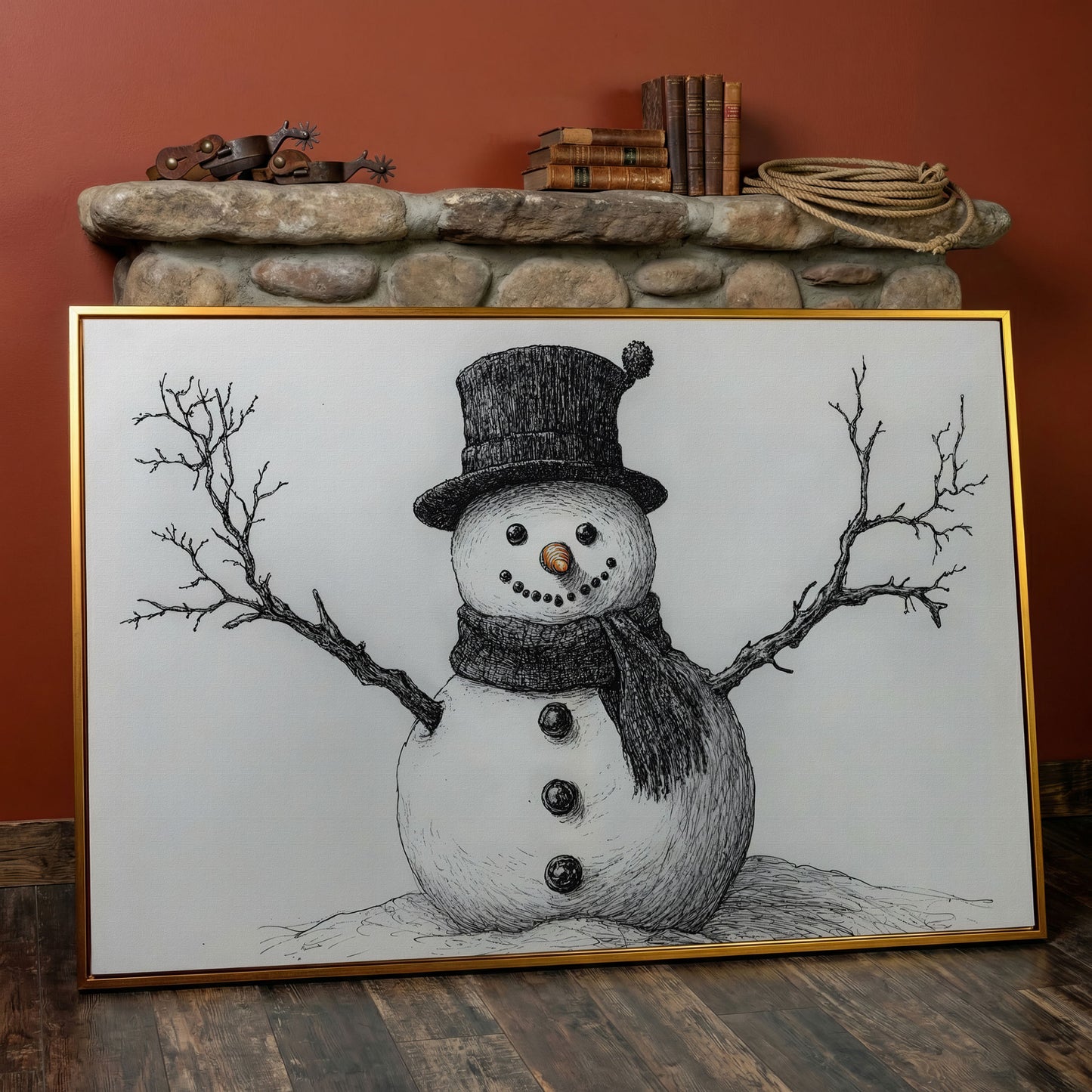 Rustic Winter Snowman Canvas Print in antique gold floating frame