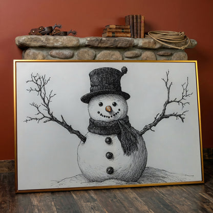 Rustic Winter Snowman Canvas Print in antique gold floating frame