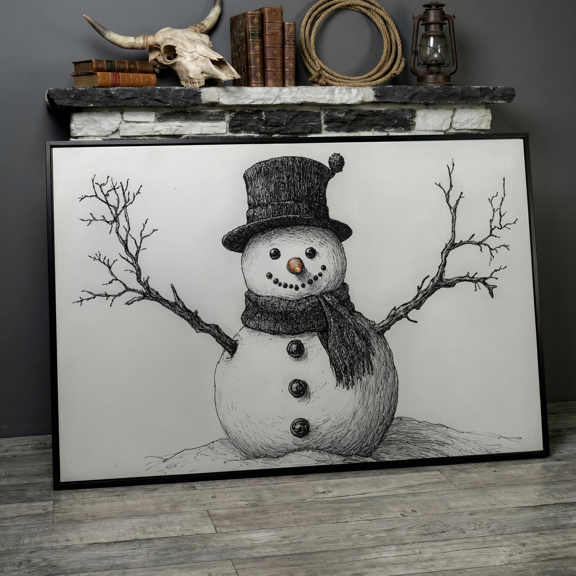 Rustic Winter Snowman Canvas Print in black floating frame