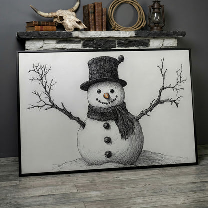 Rustic Winter Snowman Canvas Print in black floating frame