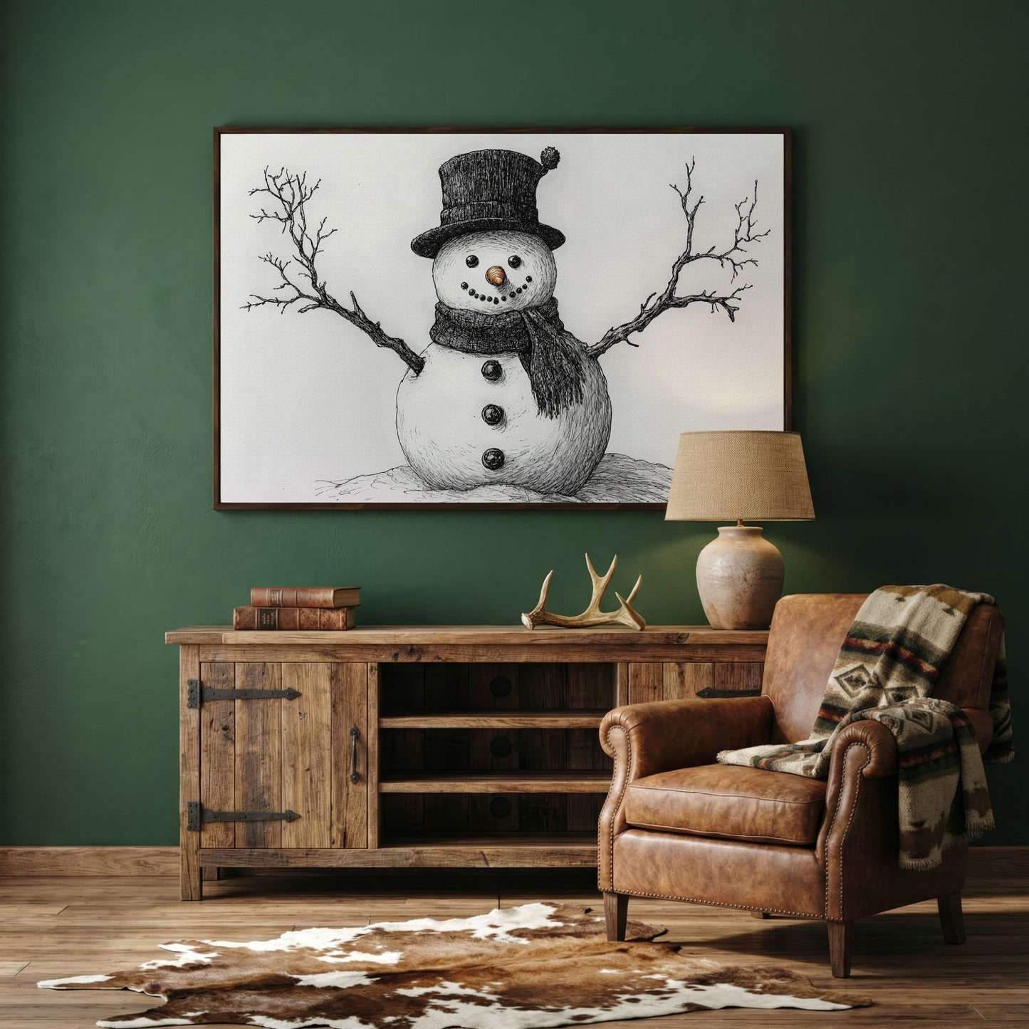 Rustic Winter Snowman Canvas Print in dark walnut floating frame