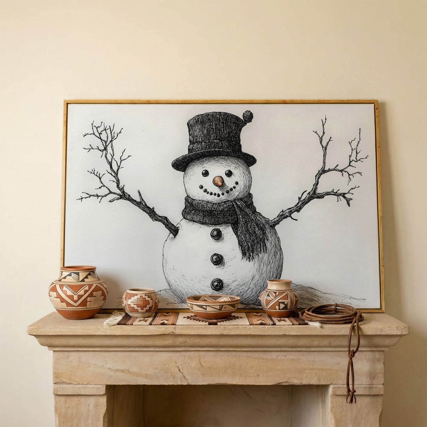 Rustic Winter Snowman Canvas Print in white oak floating frame