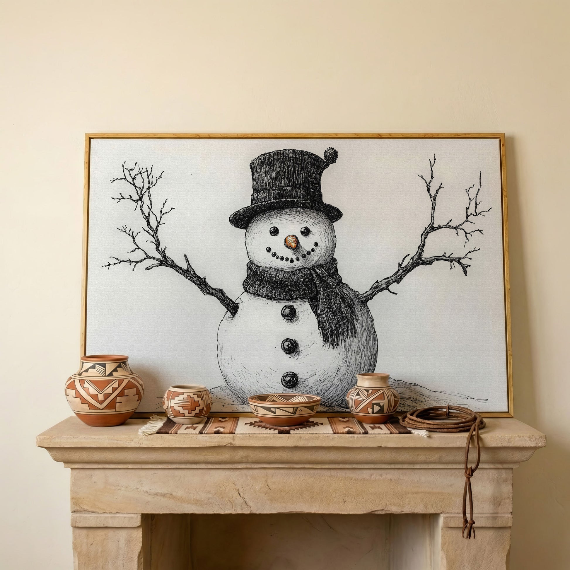 Rustic Winter Snowman Canvas Print in white oak floating frame