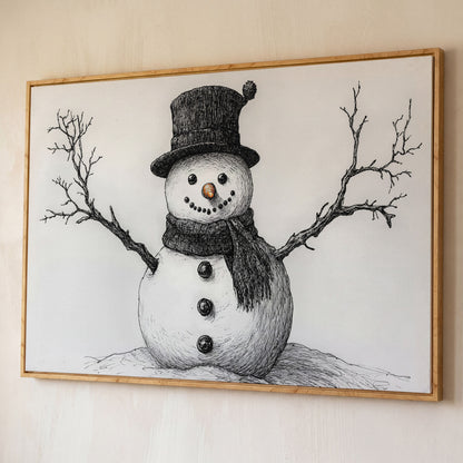 Rustic Winter Snowman Canvas Print shown in white oak floating frame