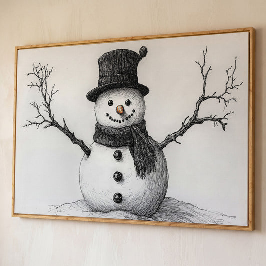 Rustic Winter Snowman Canvas Print shown in white oak floating frame