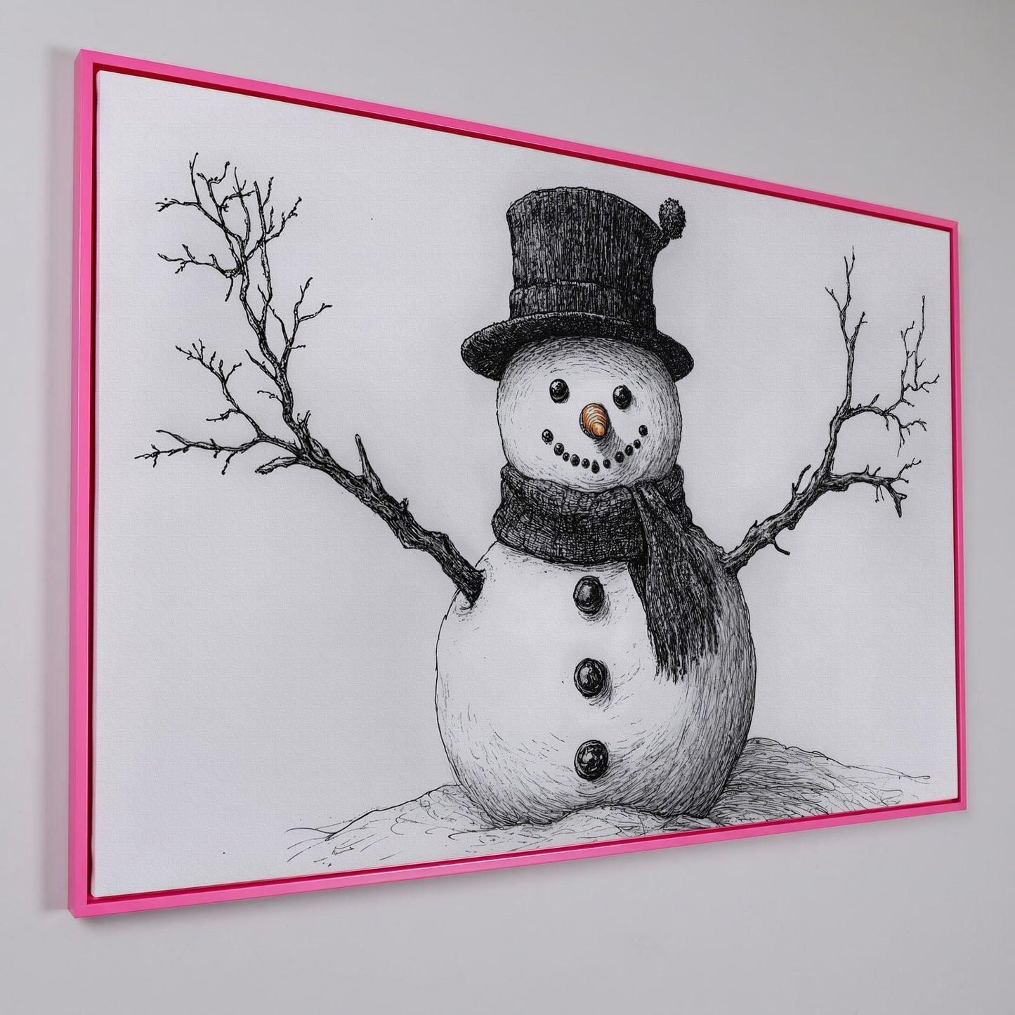 Rustic Winter Snowman Canvas Print in pink floating frame