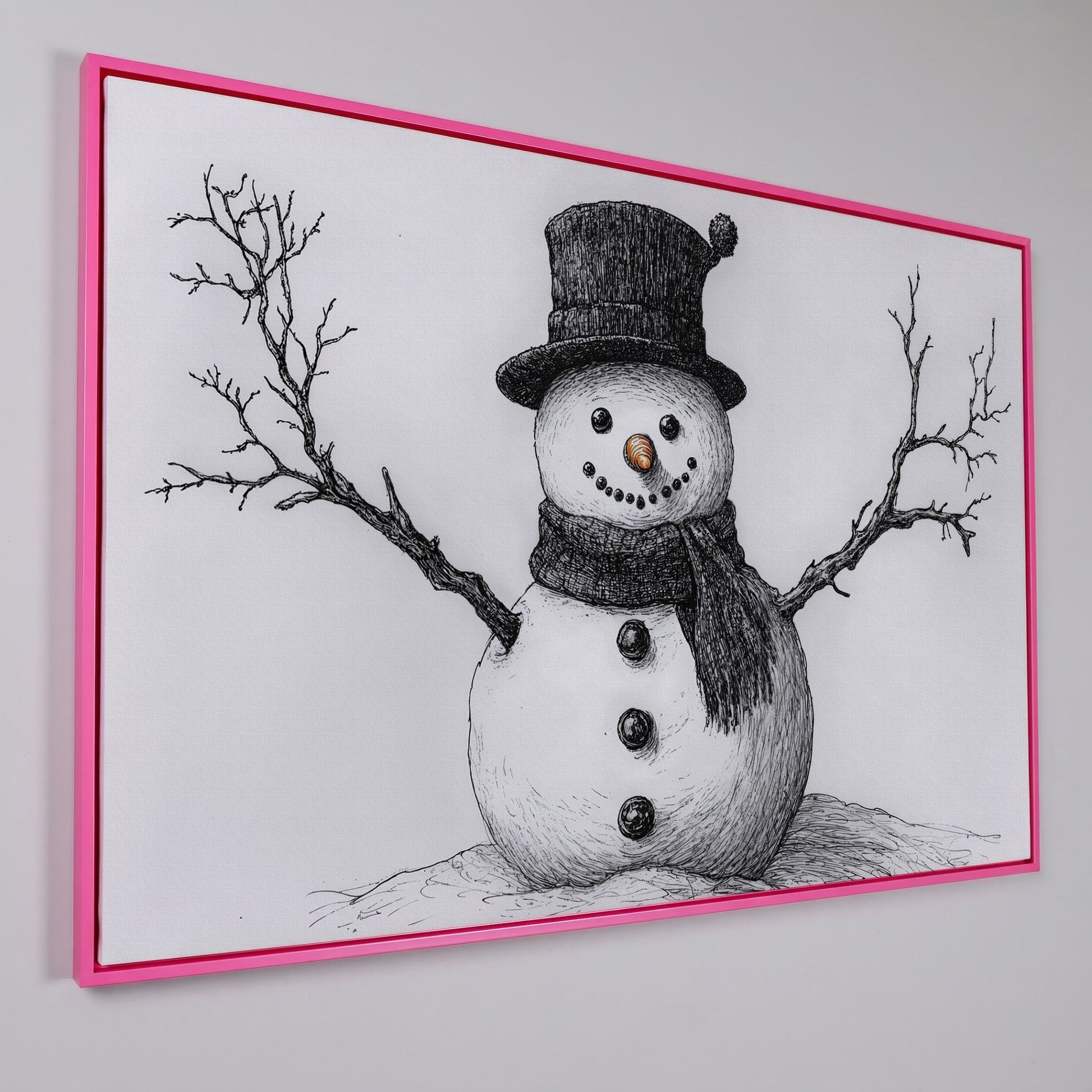 Rustic Winter Snowman Canvas Print in pink floating frame