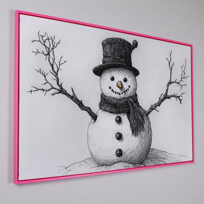 Rustic Winter Snowman Canvas Print in pink floating frame