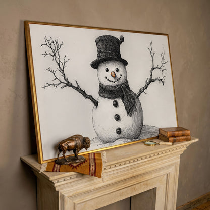 Rustic Winter Snowman Canvas Print in rose gold floating frame