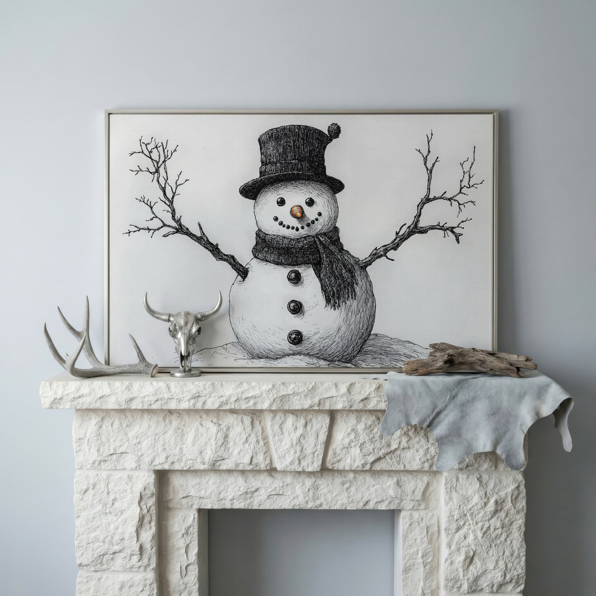 Rustic Winter Snowman Canvas Print in silver floating frame