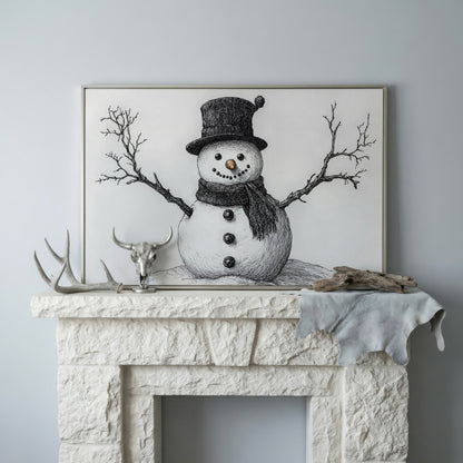 Rustic Winter Snowman Canvas Print in silver floating frame