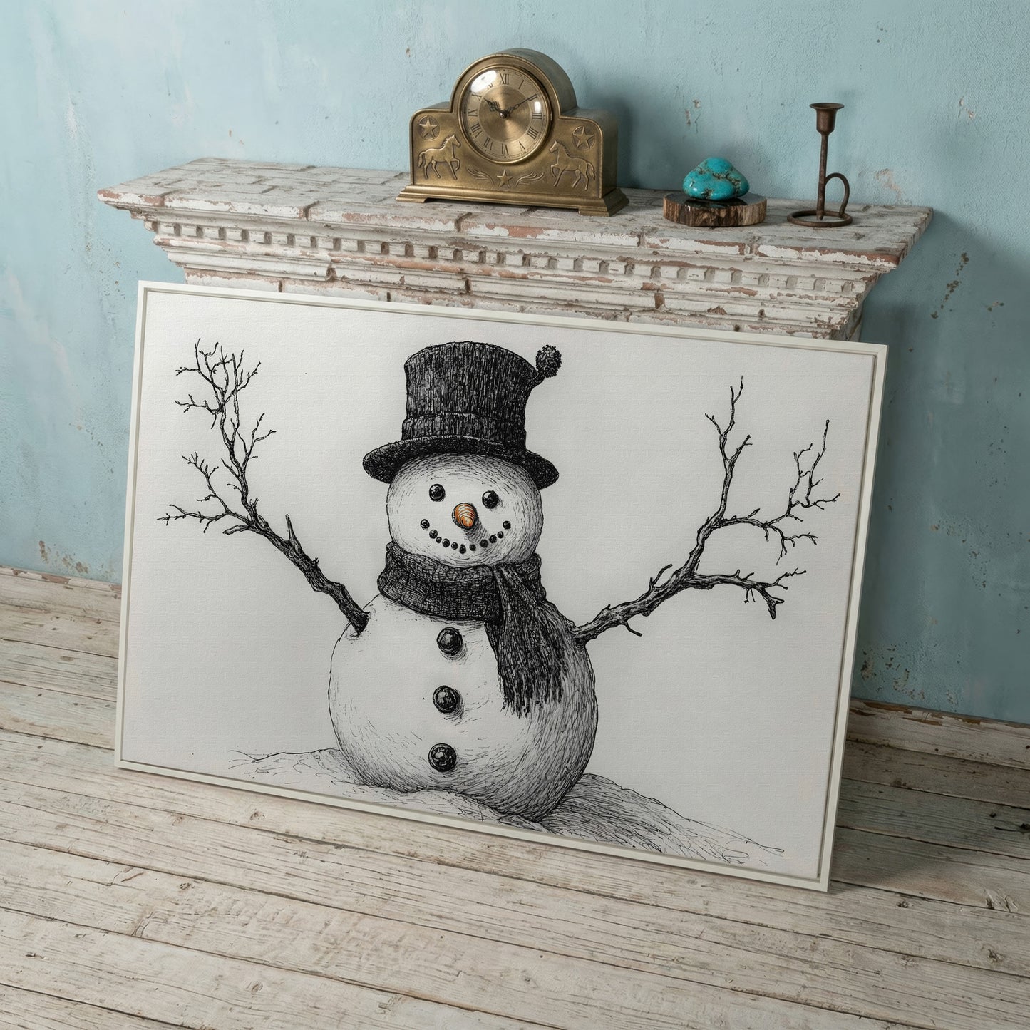 Rustic Winter Snowman Canvas Print in white floating frame