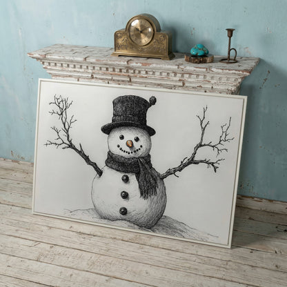 Rustic Winter Snowman Canvas Print in white floating frame
