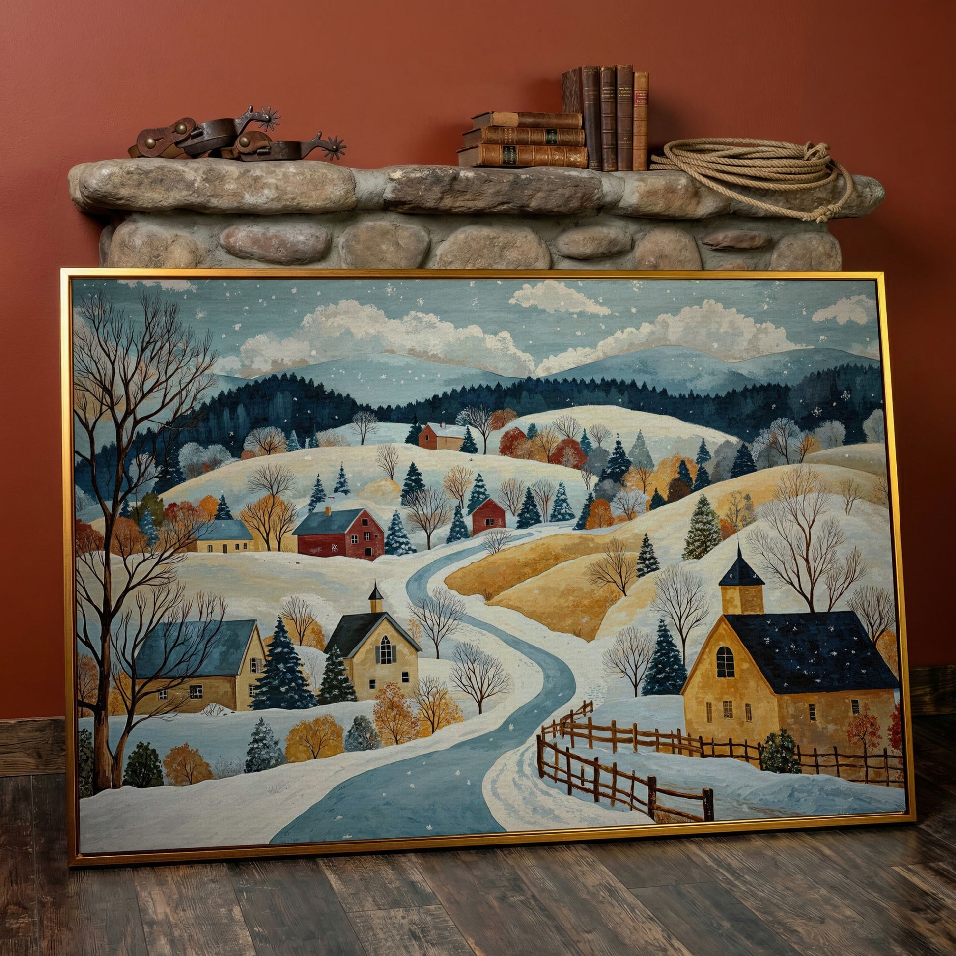 Winter Village Canvas Print on Snowy Hills in antique gold floating frame