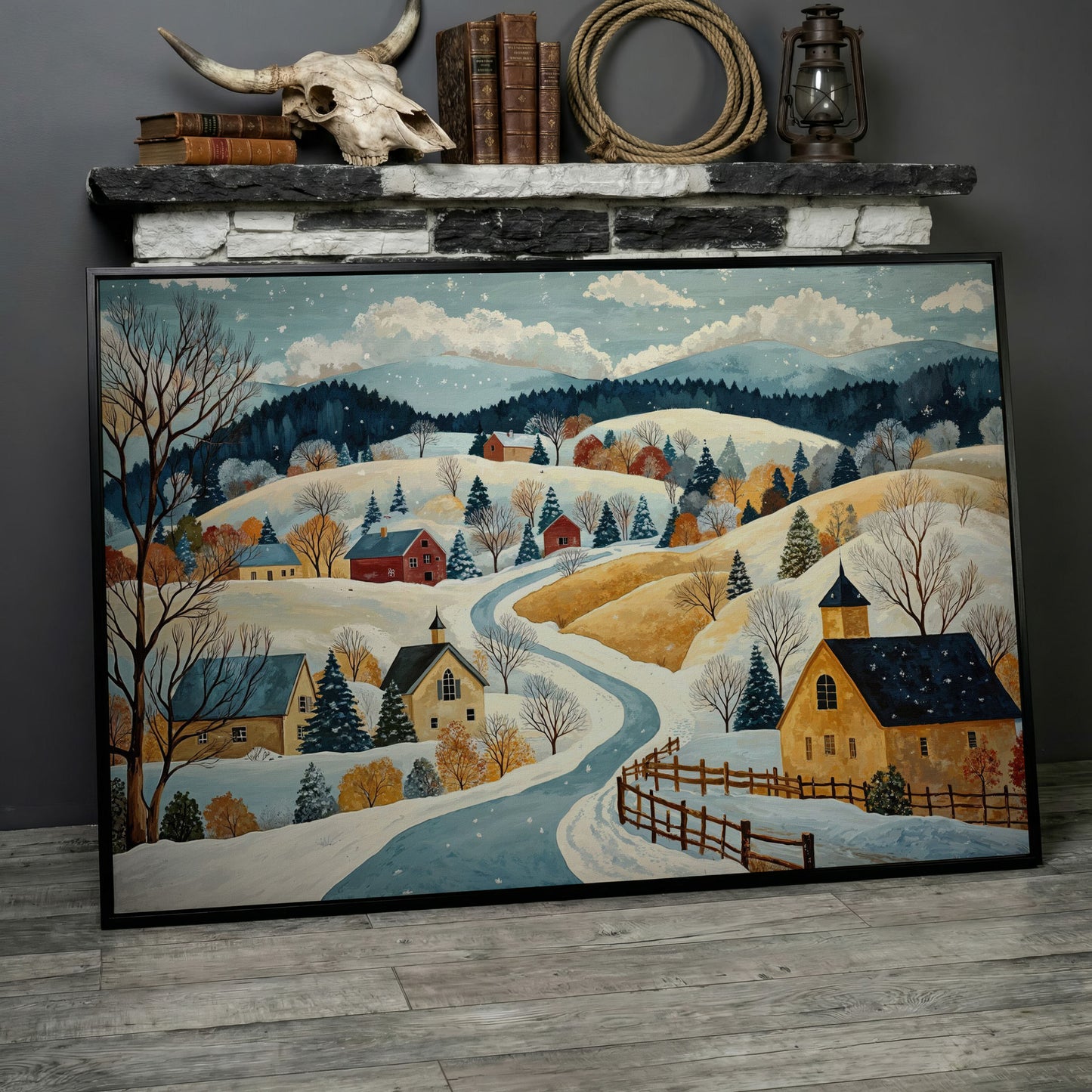 Winter Village Canvas Print on Snowy Hills in black floating frame