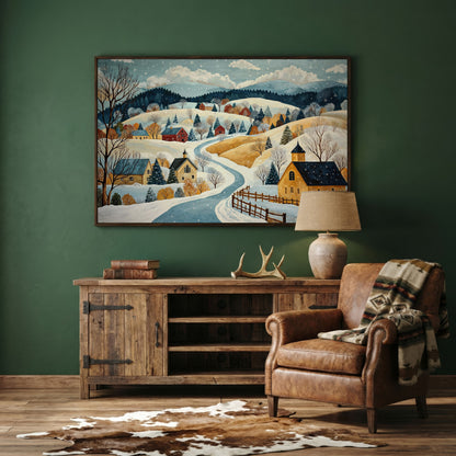 Winter Village Canvas Print on Snowy Hills in dark walnut floating frame