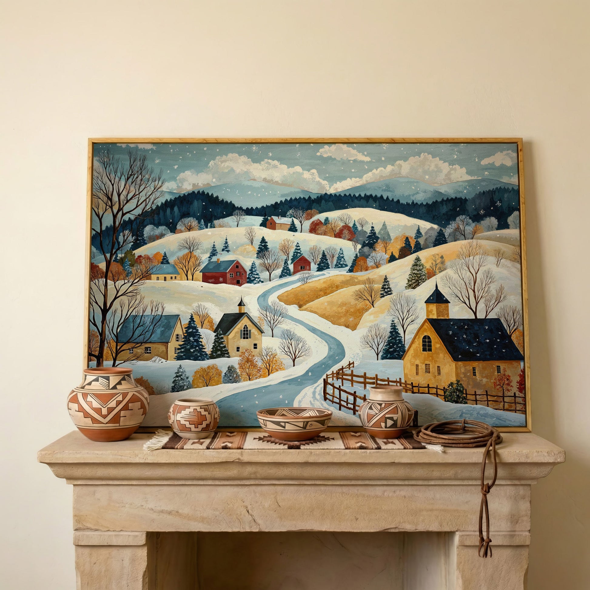 Winter Village Canvas Print on Snowy Hills in white oak floating frame