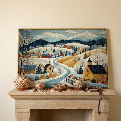 Winter Village Canvas Print on Snowy Hills in white oak floating frame