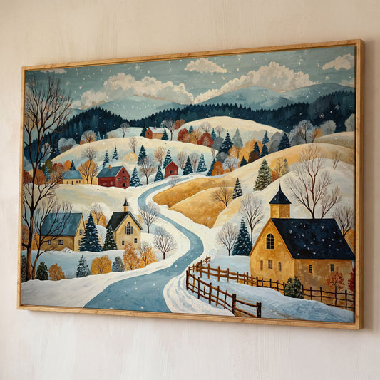 Winter Village Canvas Print on Snowy Hills shown in white oak floating frame