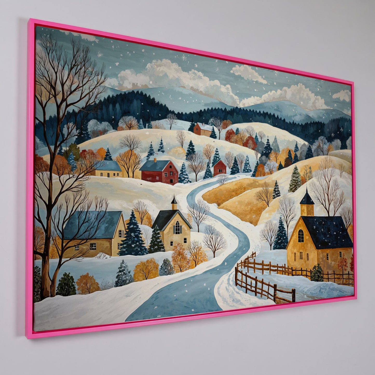 Winter Village Canvas Print on Snowy Hills in pink floating frame