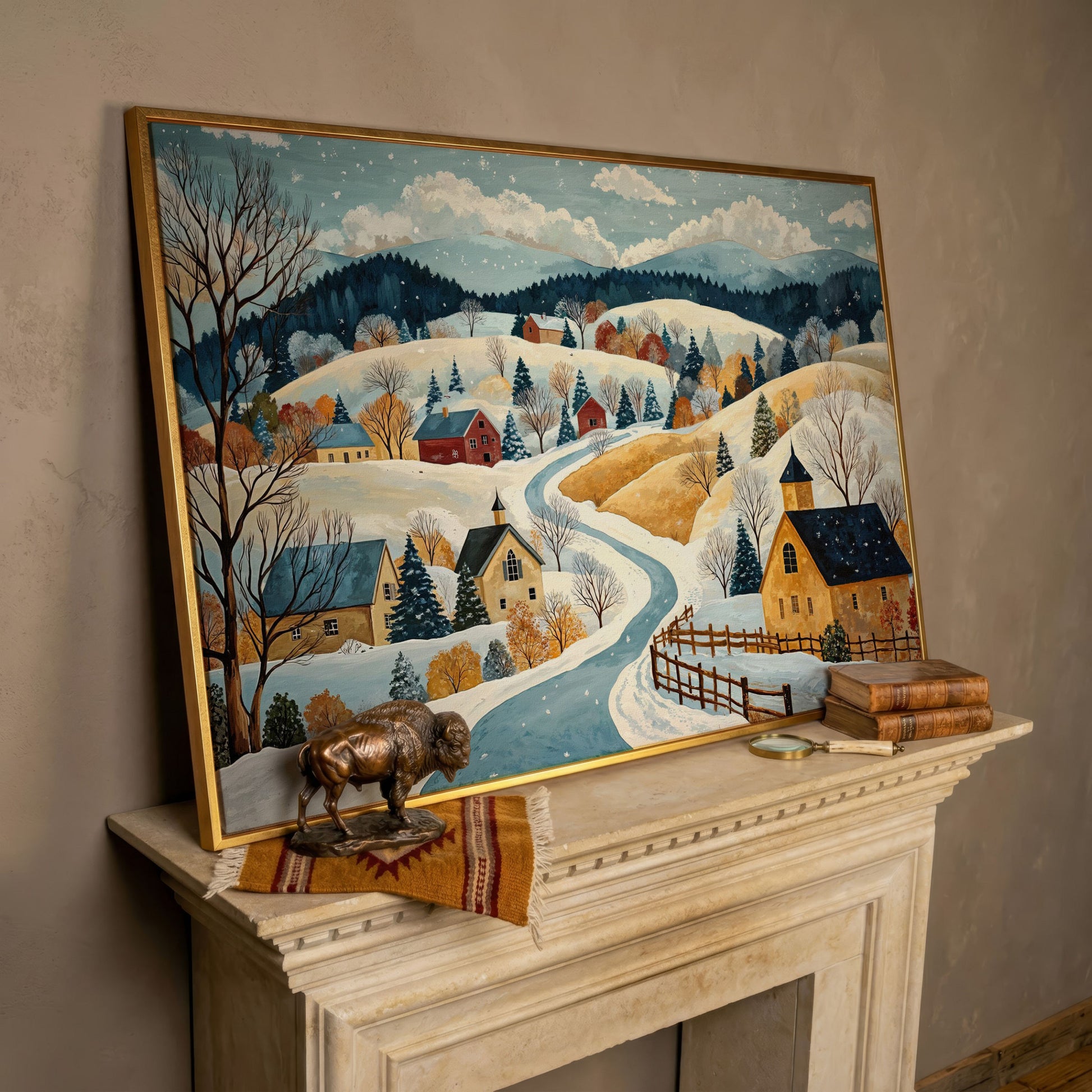 Winter Village Canvas Print on Snowy Hills in rose gold floating frame