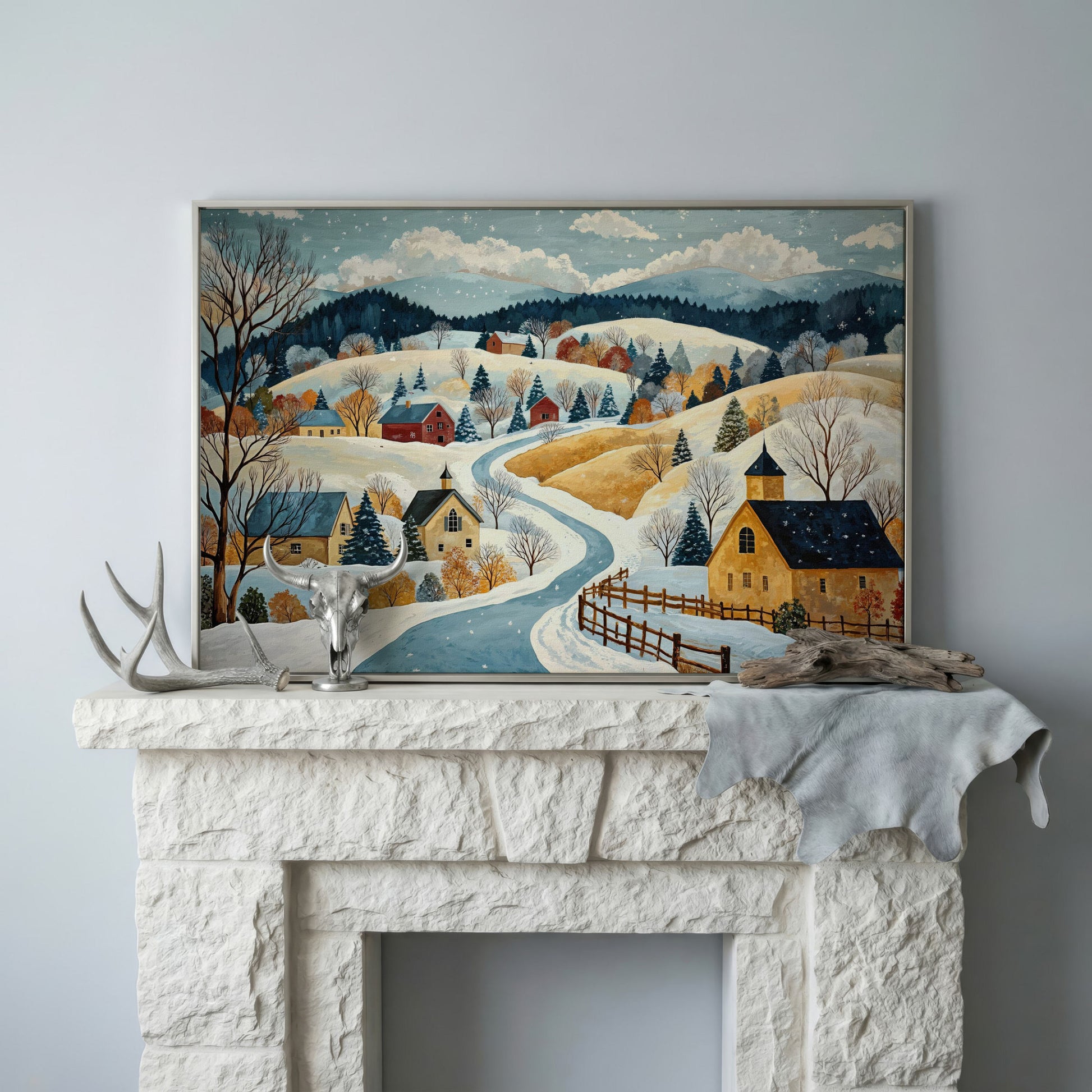 Winter Village Canvas Print on Snowy Hills in silver floating frame