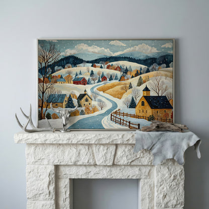 Winter Village Canvas Print on Snowy Hills in silver floating frame