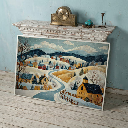 Winter Village Canvas Print on Snowy Hills in white floating frame