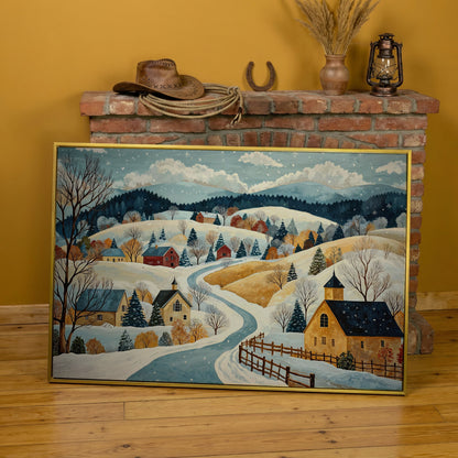 Winter Village Canvas Print on Snowy Hills in yellow gold floating frame