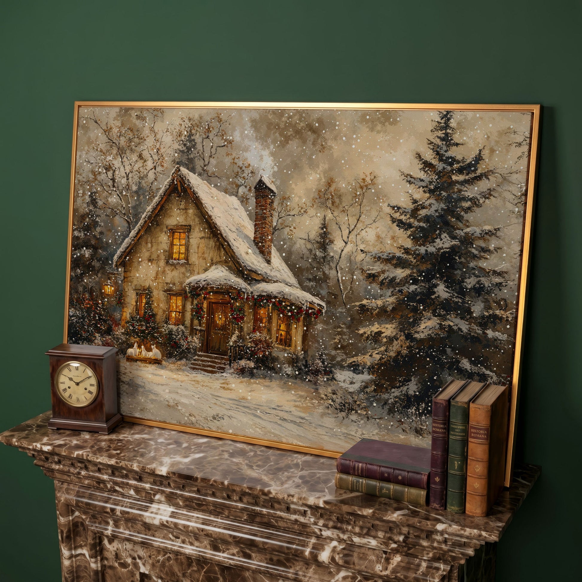 Snowy Cottage in Winter Forest Canvas Print in antique gold floating frame