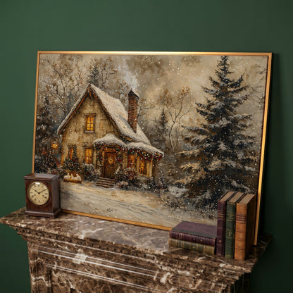 Snowy Cottage in Winter Forest Canvas Print in antique gold floating frame