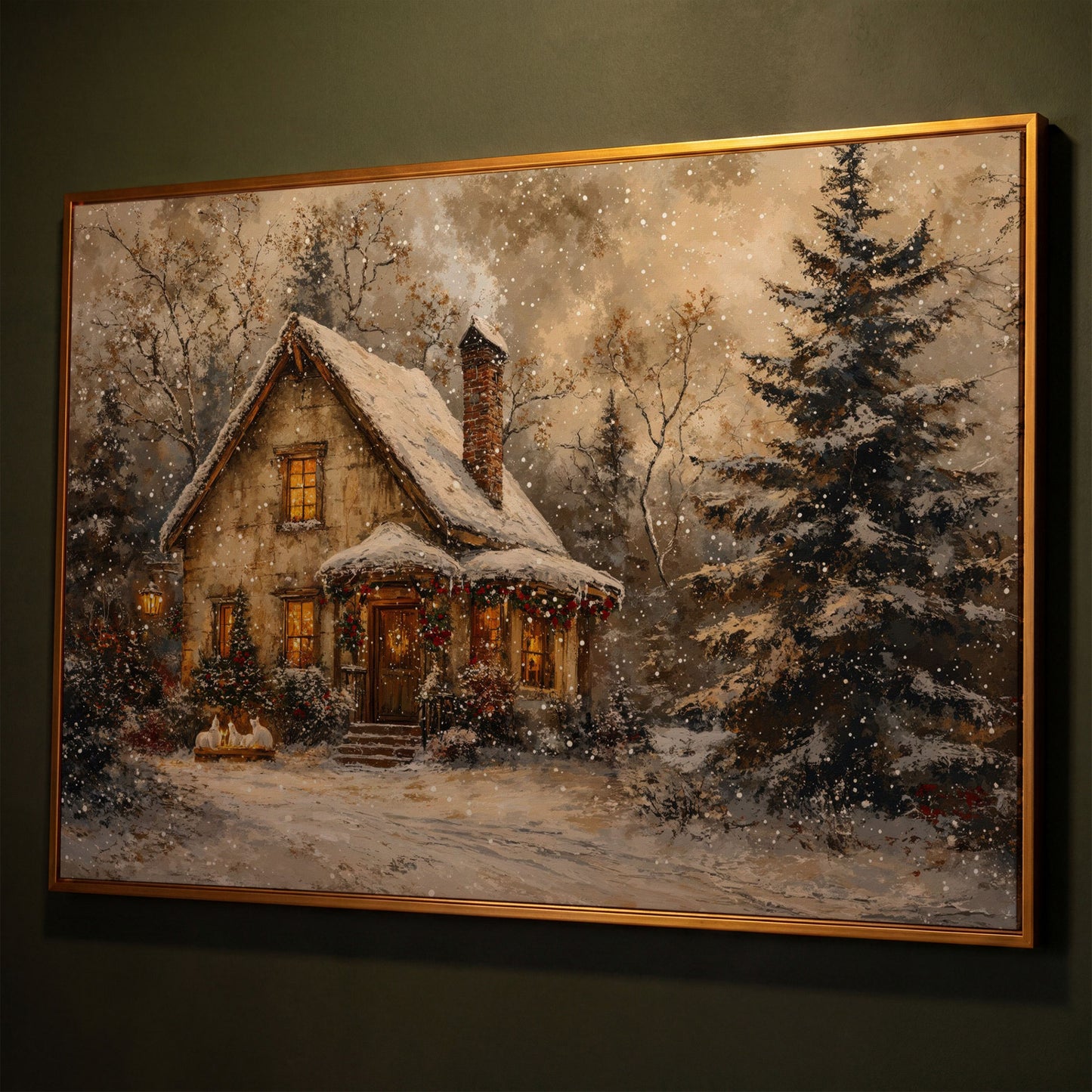 Snowy Cottage in Winter Forest Canvas Print shown in antique gold floating frame
