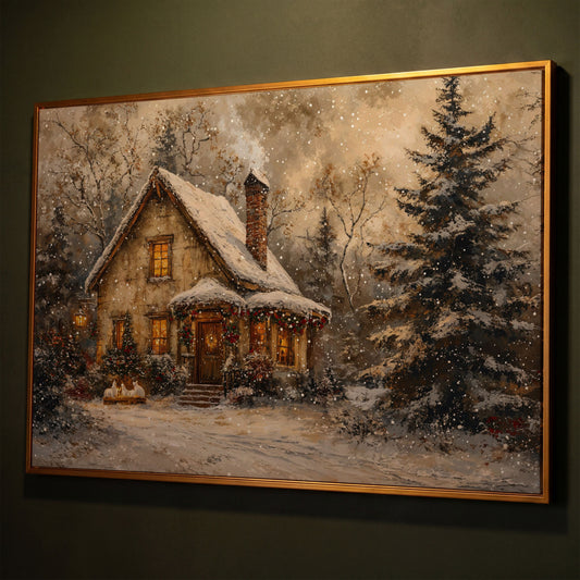 Snowy Cottage in Winter Forest Canvas Print shown in antique gold floating frame