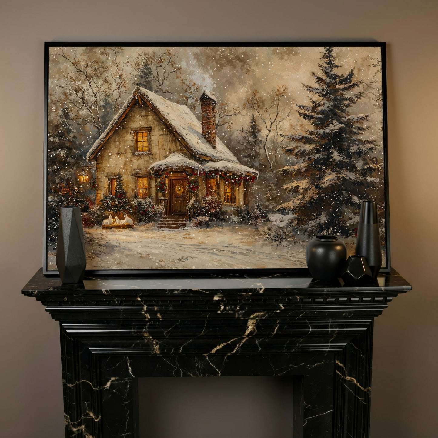 Snowy Cottage in Winter Forest Canvas Print in black floating frame